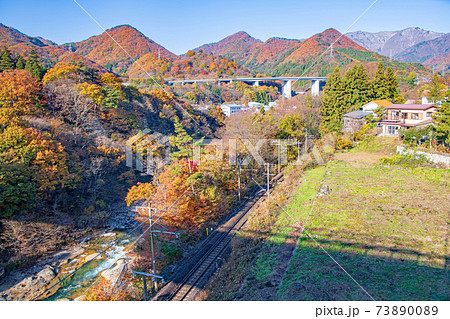 諏訪峡大橋からの景観　諏訪峡　利根川　上越線　秋の景色　みなかみ町　　　 73890089