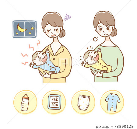 泣いている赤ちゃんとアイコンのセットのイラスト素材
