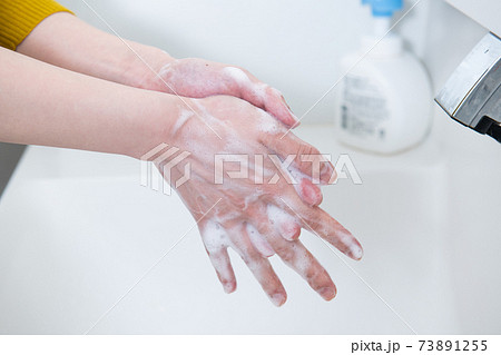 手洗いをする女性の手元・ハンドソープで手を洗う人のイメージ 73891255