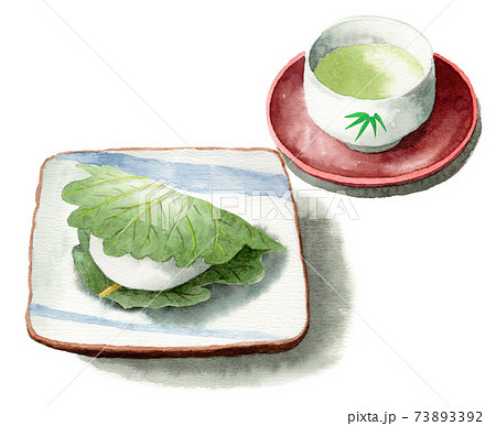 アナログ水彩柏餅と日本茶のイラスト素材