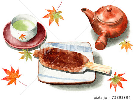 アナログ水彩五平餅と日本茶 73893394