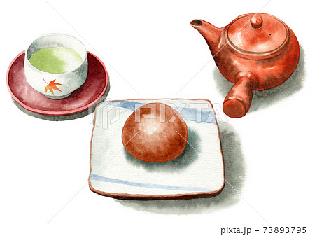 アナログ水彩茶まんじゅうと日本茶のイラスト素材
