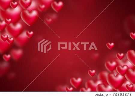 バレンタインフレーム素材 大中小の赤い立体ハートが左右斜め上下から湧き上がるイメージ 横  他色有り 73893878