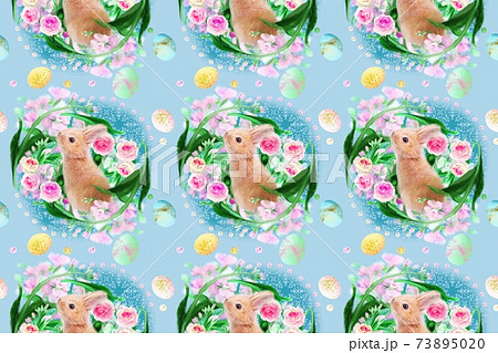 ピンクの花と薔薇のフラワーアレンジメントと子うさぎとイースターエッグのガーリーなパターンイラスト 73895020