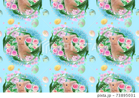 ピンクの花と薔薇のフラワーアレンジメントと子うさぎとイースターエッグのガーリーなパターンイラスト ピンクの花と薔薇のフラワーアレンジメントと子うさぎとイースターエッグのガーリーなパターンイラスト 73895031
