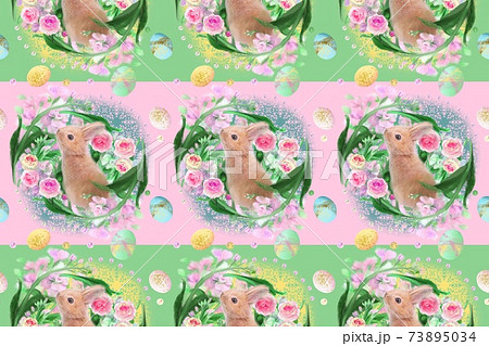 ピンクの花と薔薇のフラワーアレンジメントと子うさぎとイースターエッグのガーリーなパターンイラスト 73895034