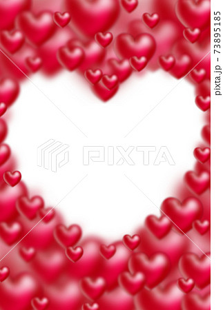 フレーム素材 大中小の赤い立体ハートで作られたハート型フレーム 縦 枠内白 他色有りのイラスト素材