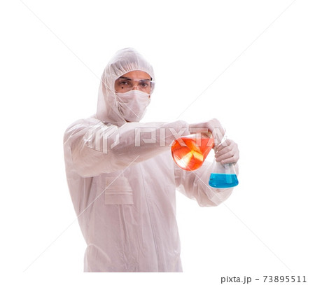 Chemist working with poisonous substances isolated on white back Chemist working with poisonous substances isolated on white back 73895511