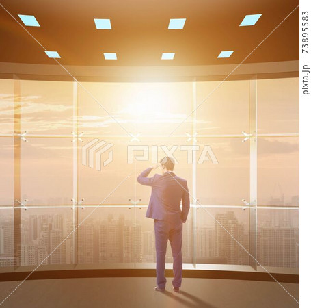 Businessman in front of office window thinking of new challenges 73895583