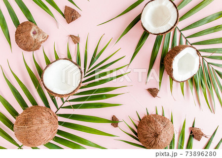 Pattern, texture with coconuts and tropical palm leaves on pink background. Tropical abstract background. Flat lay, top view. Pattern, texture with coconuts and tropical palm leaves on pink background. Tropical abstract background. Flat lay, top view. 73896280