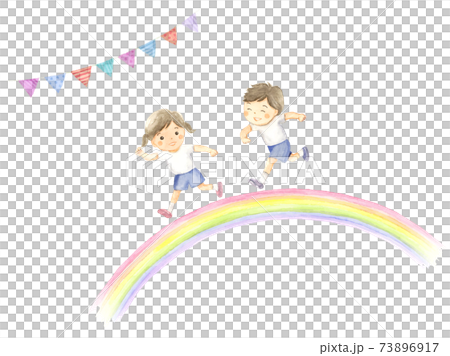 Children running in the rainbow athletic meet image watercolor illustration 73896917