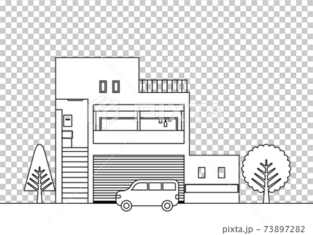 階段と大きな窓のある家のモノクロイラスト 73897282