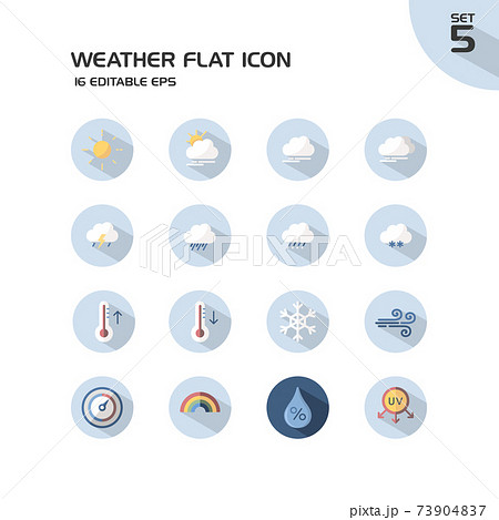Weather and meteorology group. Sun, clouds, temperature and pressure. Isolated icon set in a circle. Flat vector illustration 73904837