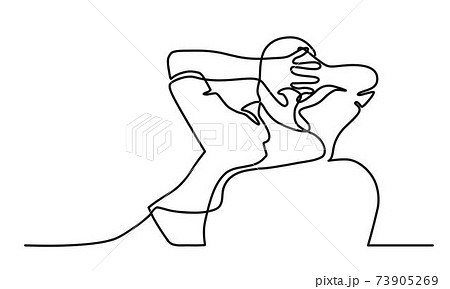 Continuous line drawing of man relaxing in the chair and holding hands behind head. 73905269