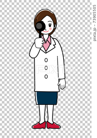 視力検査女性医師女医のシンプル線画イラスト｜眼科医全身　白衣スカート 73905505