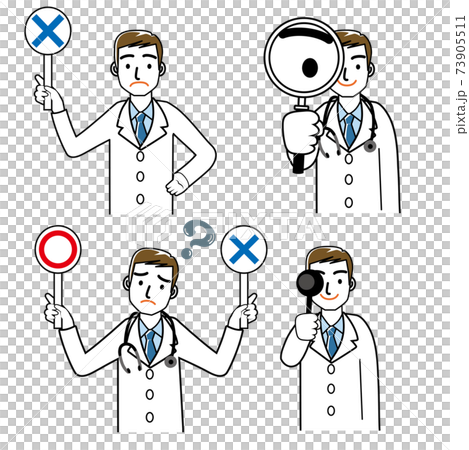 4つのポーズの男性医師のシンプル線画イラストセット マルバツ棒視力検査眼科医拡大鏡上半身のイラスト素材