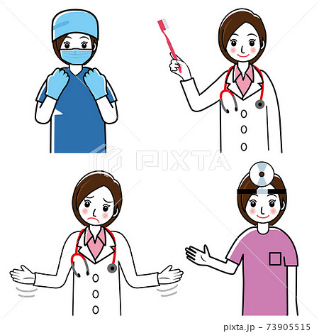 4つのポーズのシンプルな線画女医女性医師のイラストセット 困惑歯科医手術着額帯鏡バストアップのイラスト素材