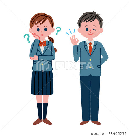 疑問を持っている女子高校生とokポーズをしている男子高校生のイラスト素材のイラスト素材