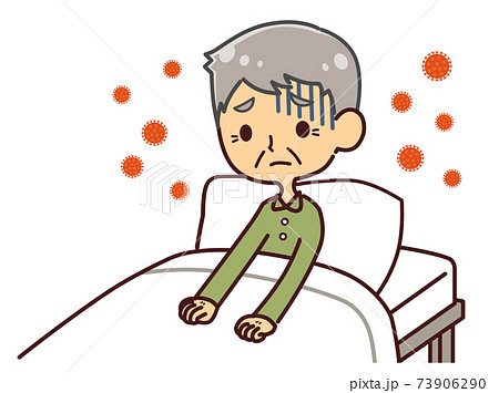 ベットにいるシニア男性 自宅療養 ウイルス感染のイラスト素材