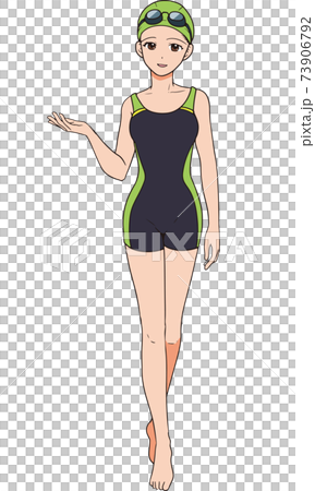 スイムキャップとゴーグルを付けた競泳用水着の若い女性のイラスト素材