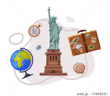 Travel and Tourism Attribute with Statue of Liberty as City Landmark and Globe Vector Composition 73908265