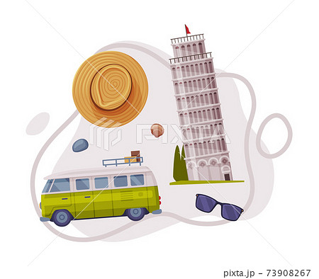 Travel and Tourism Attribute with Pisa Leaning Tower as City Landmark and Hat Vector Composition Travel and Tourism Attribute with Pisa Leaning Tower as City Landmark and Hat Vector Composition 73908267
