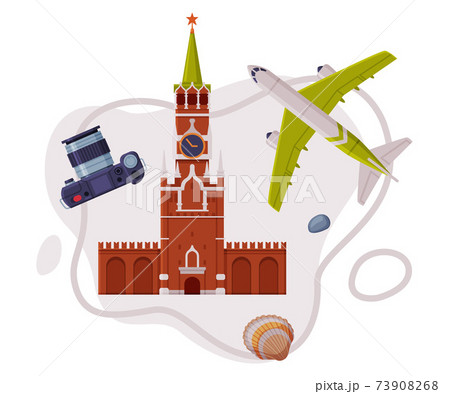 Travel and Tourism Attribute with Kremlin Tower as City Landmark and Airplane Vector Composition 73908268
