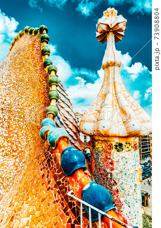 BARCELONA, SPAIN - SEPT  04, 2014: Roof, housetop  Gaudi's  creation-house Casa Batlo. The building that is now Casa Batllo was built in 1877 by Antoni Gaudi, and now commissioned by Lluis Sala 73908804