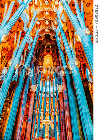 BARCELONA, SPAIN - SEPTEMBER 04: Sagrada Familia,beautiful and majestic interior view on September 04, 2014 in Barcelona, Spain. Designed by Antoni Gaudi, the church is still incomplete and continues BARCELONA, SPAIN - SEPTEMBER 04: Sagrada Familia,beautiful and majestic interior view on September 04, 2014 in Barcelona, Spain. Designed by Antoni Gaudi, the church is still incomplete and continues 73908822