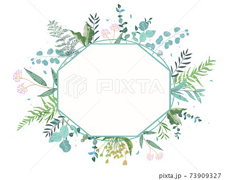 オシャレなお花と葉っぱのかわいい植物白バック招待状フレームイラスト素材のイラスト素材