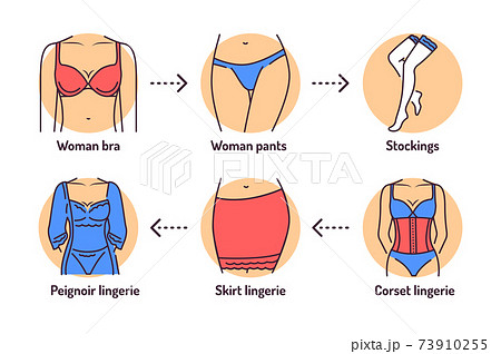Lingerie color line icons set. Category of women's clothing including at least undergarments, sleepwear and lightweight robes. Pictogram for web page, mobile app, promo. Editable stroke Lingerie color line icons set. Category of women's clothing including at least undergarments, sleepwear and lightweight robes. Pictogram for web page, mobile app, promo. Editable stroke 73910255