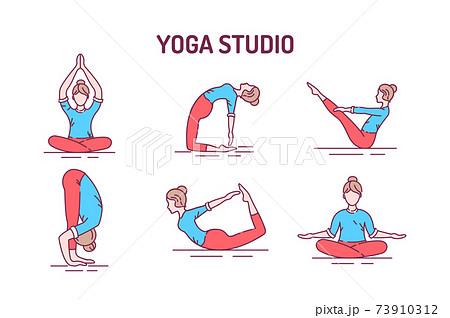 Set of vector silhouettes of woman doing yoga exercises. Colored icons of a  girl in many different yoga poses isolated on pink background. Yoga  complex. Fitness workout. 4981602 Vector Art at Vecteezy