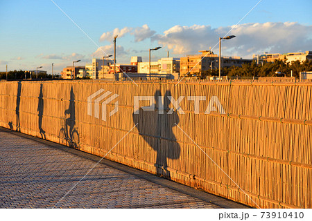 夕方の湘南で防砂フェンスに映るサーファーや散歩する人の影 夕方の湘南で防砂フェンスに映るサーファーや散歩する人の影 73910410