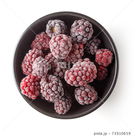 Bowl of frozen blackberries isolated on white, from above 73910659