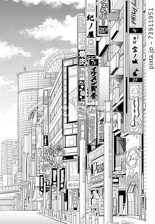 漫画風ペン画イラスト 繁華街 街並のイラスト素材