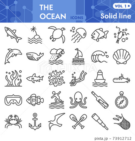 Ocean line icon set, nautical symbols collection or sketches. Marine life signs for web, linear style pictogram package isolated on white background. Vector graphics. 73912712