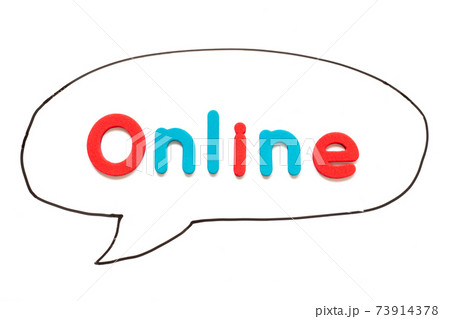 Alphabet letter with word online in black line hand drawing as bubble speech on white board background 73914378