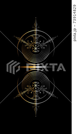 Gold Vegvisir magic navigation compass ancient. The Vikings used many symbols in accordance to Norse mythology, widely used in Viking society. Round Logo icon Wiccan esoteric sign isolated on black Gold Vegvisir magic navigation compass ancient. The Vikings used many symbols in accordance to Norse mythology, widely used in Viking society. Round Logo icon Wiccan esoteric sign isolated on black 73914829