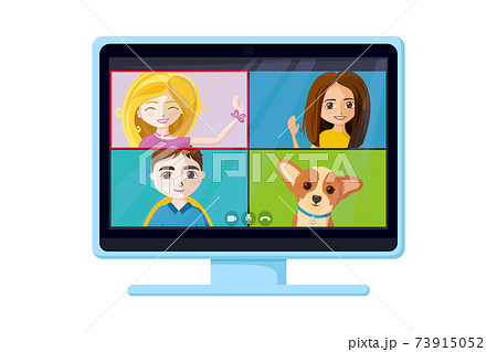 Virtual Conference Call With People And Puppy のイラスト素材