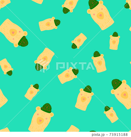 Random bright seamless pattern with light orange bear heads ornament. Blue background. Doodle print. 73915188
