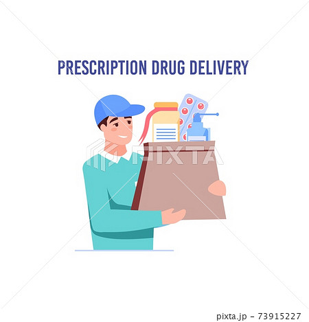 Flat cartoon courier character carry online buys,medical order delivery service vector illustration concept 73915227