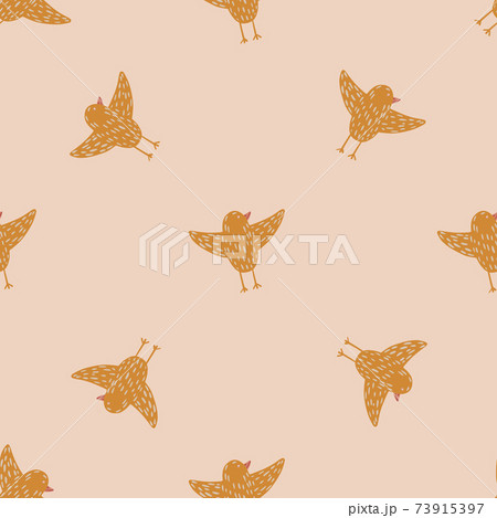 Seamless minimalistic style pattern with orange colored birds shapes. Pink pale background. 73915397
