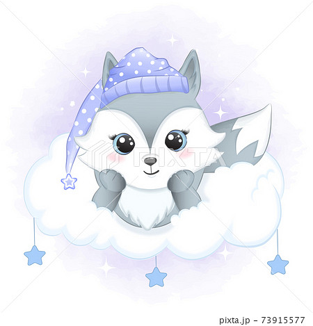 Cute Little Fox Sleeping on the cloud hand drawn cartoon animal watercolor illustration Cute Little Fox Sleeping on the cloud hand drawn cartoon animal watercolor illustration 73915577
