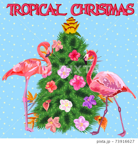 Tropical Christmas. Flamingo, palm leaves and snowflakes. Template for cards and party invitations 73916627