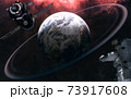 Planet Earth with rings. Astronaut out of focus. Space station blurred in motion. Solar system. 3D Render 73917608