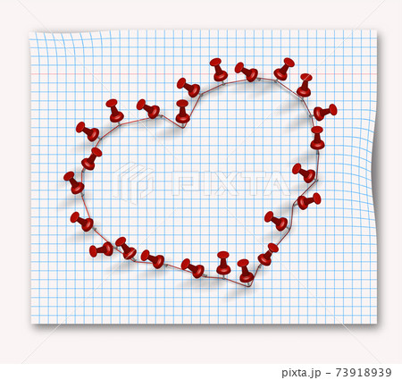 Heart made up of pins and red thread on a notebook sheet into a cage. Romantic illustration. Isolated vector 73918939