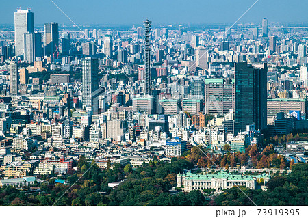 日本の東京都市景観　サンシャインシティや防衛省、迎賓館、四ツ谷駅（迎賓館の右上）などを望む 73919395