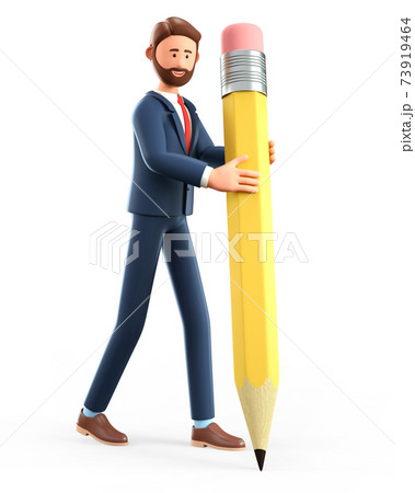 3D illustration of smiling creative man holding a big pencil and writing on the floor. 3D illustration of smiling creative man holding a big pencil and writing on the floor. 73919464