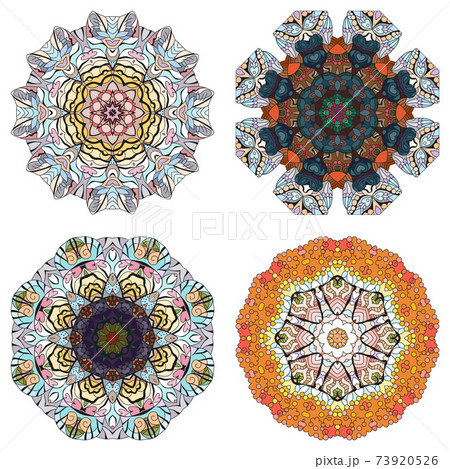 Hand drawn zentangle set of 4 color mandalas for decoration Hand drawn zentangle set of 4 color mandalas for decoration 73920526