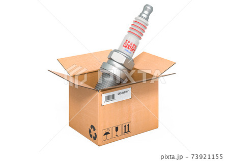 Spark plug inside cardboard box, delivery concept. 3D rendering 73921155